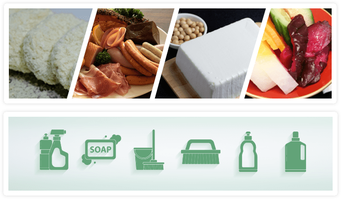 冷凍食品、加工食品、豆腐、漬物と衛生消耗品